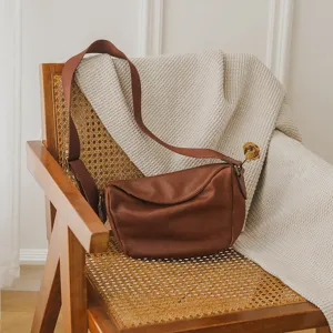Women Genuine Leather Crossbody Bag Vintage Solid Color Dumpling Shoulder Bag Soft Cowhide Zipper Daily Commuting Handbag