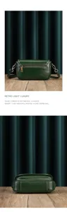Dark green leather crossbody bag detail, retro style shoulder bag with zipper pocket.