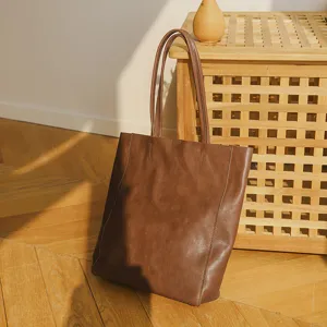Brown genuine leather tote bag for women, large capacity vintage shoulder bag commuting main