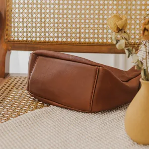 Brown genuine leather shoulder crossbody dumpling bag, vintage casual daily fashion purse.