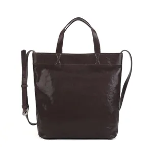 Brown leather tote bag for women, large capacity casual shoulder bag with top handles.