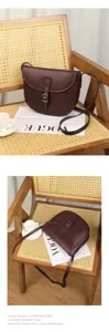 Detailed view of brown leather saddle bag, vintage half-round crossbody design for women.