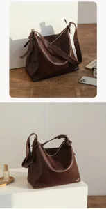 Premium brown leather shoulder bag for women, retro hobo tote with adjustable strap detail.