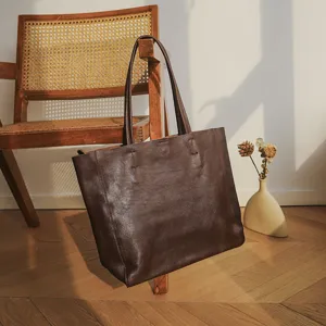 Women Top Layer Cowhide Leather Tote Bag Large Capacity Commuter Handbag Retro Soft Casual Shoulder Bag