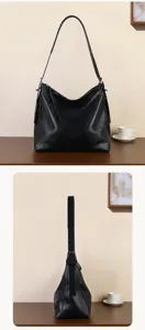 Classic black leather shoulder bag, vintage underarm design, versatile daily tote for women.