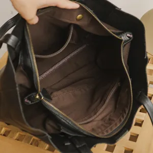 Black genuine leather tote bag for women, vintage soft leather large capacity shoulder bag.
