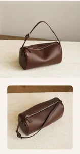 Brown leather shoulder bag casual crossbody pillow bag minimalist cylinder bag daily commute