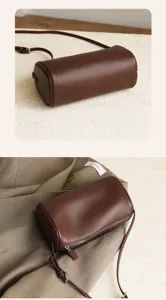 Brown leather cylindrical crossbody bag, minimalist stylish shoulder bag for women commuting.