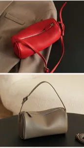 Casual soft leather cylinder crossbody shoulder bag for women, stylish commuting pillow bag.