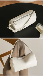 White soft leather cylindrical shoulder bag, minimalist barrel pillow crossbody purse for women.