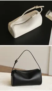 Minimalist soft leather cylindrical shoulder bag, stylish barrel crossbody handbag for women.