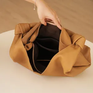 Soft leather knot hobo bag for women, stylish brown casual daily shoulder handbag.