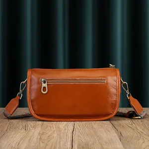 Genuine leather women shoulder bag, vintage ethnic strap crossbody bag, retro daily handbag.