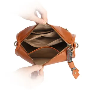 Genuine leather women crossbody shoulder bag brown pillow bag multi compartment interior design