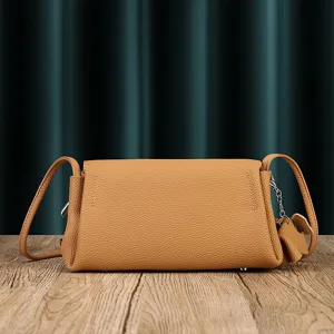 Brown leather shoulder bag women soft cowhide pleated underarm crossbody bag casual main view