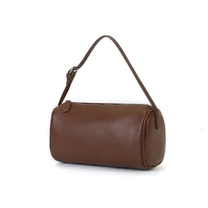 Brown cylindrical shoulder bag soft leather minimalist purse casual daily commuting handbag