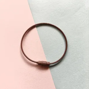 Detailaufnahme der braunen beschichteten Stahldraht-Schluesselring-Schlaufe mit Schraube.