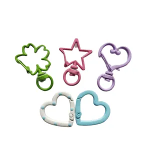 Colorful metal snap hooks DIY keychains set, cute heart star clover shapes for jewelry making.