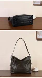 Classic leather hobo shoulder bag for women, retro casual tote handbag with slouchy design.
