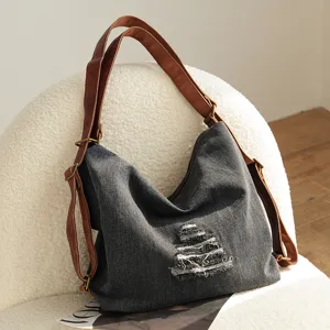 Vintage distressed denim tote bag multi-way casual shoulder bag for women lazy style backpack
