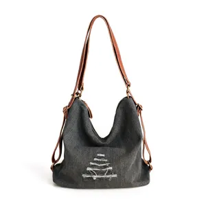 Vintage dark denim hobo tote bag for women, casual multi-carry canvas backpack main view