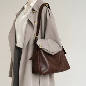Retro brown leather shoulder bag women chic tote crossbody underarm bag new design