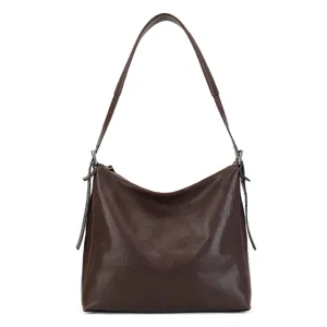 Brown leather shoulder bag for women, retro hobo tote bag with adjustable strap and zip.