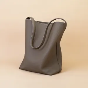 Minimalist genuine leather tote bag, large capacity shoulder bag for women, taupe daily commute.