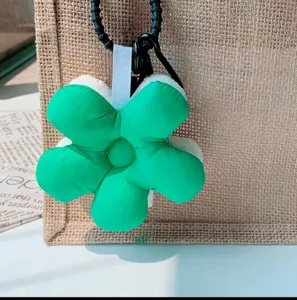 Green padded flower bag charm cute plush keychain pendant for backpack and car keys decor