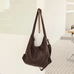Women Vintage Cowhide Leather Tote Bag Large Capacity Casual Commuter Shoulder Underarm Bag Solid Color Top Handle Bag