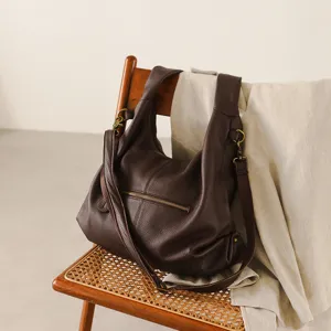 Vintage brown leather hobo shoulder bag, large capacity casual daily tote for women