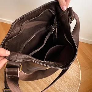 Brown genuine leather shoulder bag large capacity top layer cowhide casual hobo bag interior view