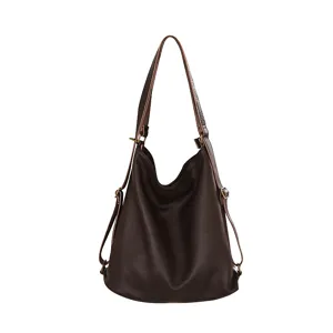 Genuine leather hobo backpack for women, versatile brown shoulder bag with large capacity.