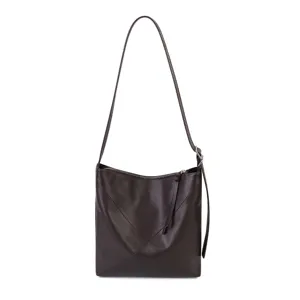 Genuine leather shoulder bag for women, stylish bucket bag with cross-body strap for daily work.
