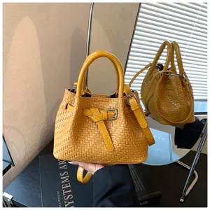 Damen gelbe gewebte Beuteltasche stilvolle Henkeltasche lässige Umhängetasche mit Gürteldetail