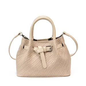 Elegante geflochtene Damen Handtasche Umhängetasche Beutel Tasche in Beige stilvoll