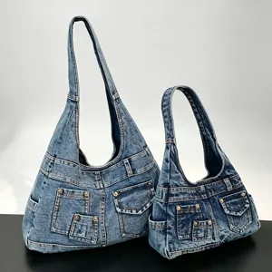 Vintage Τζιν Τσάντα Tote Μεγάλης Χωρητικότητας για Γυναίκες Retro Ξεβαμμένη Τσάντα Ώμου με Πολλές Τσέπες Casual Τσάντα Χειρός
