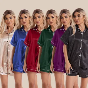 Women satin short sleeve pajama set silk sleepwear loungewear multi-color variant showcase.