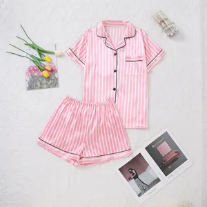 Pink and white striped satin pajama set for women, featuring short sleeves and shorts.