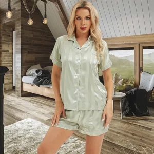 Dames zijde satijn gestreepte korte mouw pyjama set comfortabele nachtkleding zomer