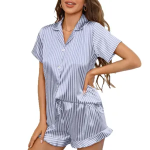 Women short sleeve striped satin pajama set with ruffle shorts comfortable summer sleepwear.