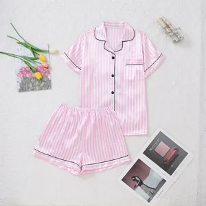 Women's Striped Satin Pajama Set Short Sleeve Button Down Top And Bottom Casual Sleepwear Summer Home Suit