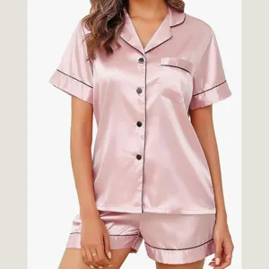 Pink satin pajama set for women short sleeve button down sleepwear with black piping