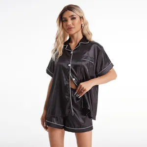 Details of women satin pajama set short sleeve shorts, soft and comfortable home wear style.