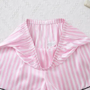 Pink white striped satin pajama shorts elastic waistband detail view for women summer
