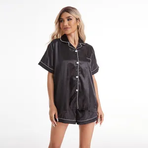 Women black satin short sleeve pajama set with white piping comfortable sleepwear loungewear
