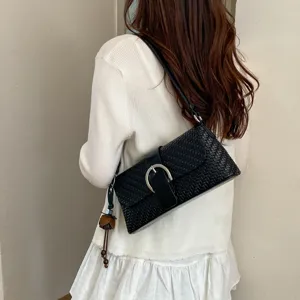 Black woven shoulder bag for women retro chic underarm bag versatile stylish commuter bag