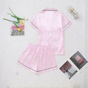 Pink striped satin pajama set short sleeve shorts sleepwear loungewear comfortable summer wear.