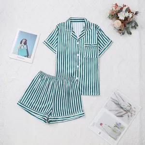 Green white striped satin pajama set women short sleeve shorts sleepwear homewear summer