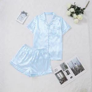 Blue and white striped satin pajama set, short sleeve top and shorts for women.